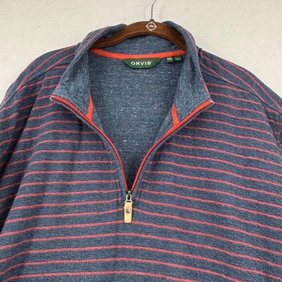 Orvis Quarter Zip Pullover Sweater Men's XXL Navy Blue Red Stripe Cotton Blend - Picture 3 of 10
